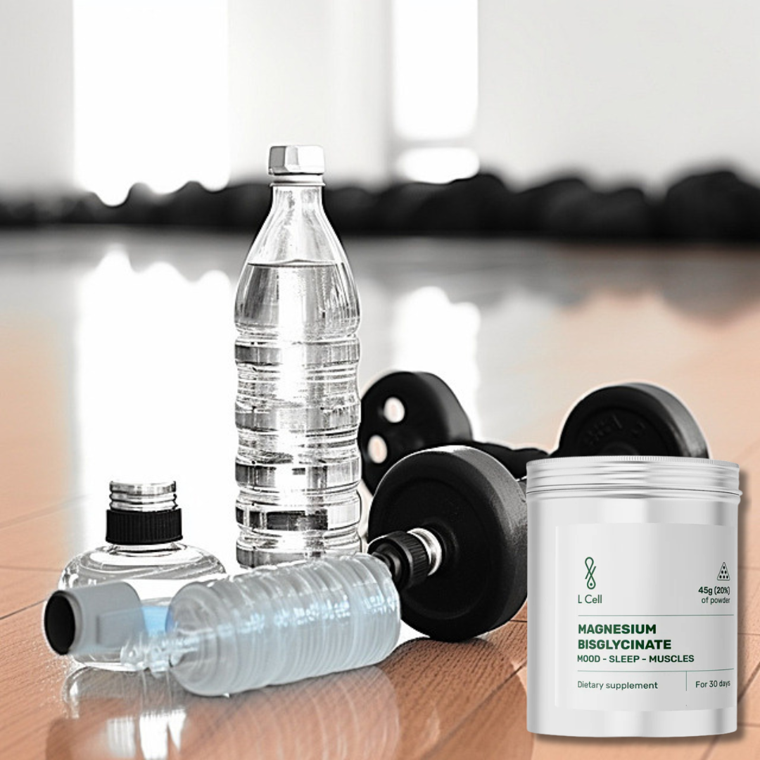 Magnesium Bisglycinate powder by L Cell placed on a gym floor beside water bottles and dumbbells, suggesting hydration, muscle support, and post-workout recovery.